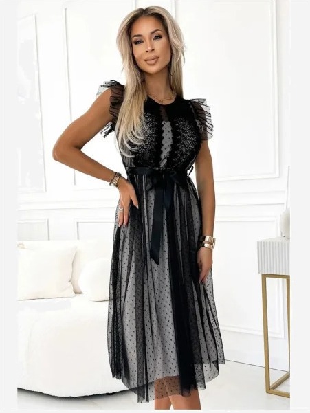 542-1 GIUSEPPINA Šaty so stuhou a čiernym tylom s bodkami