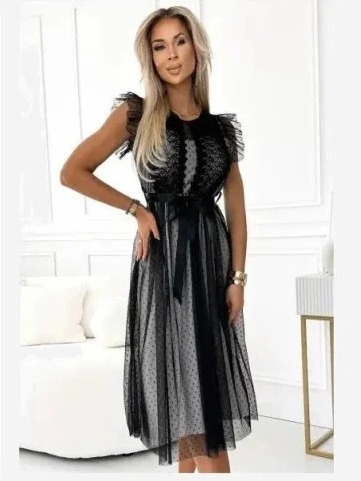 542-1 GIUSEPPINA Šaty so stuhou a čiernym tylom s bodkami