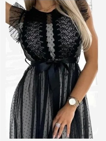542-1 GIUSEPPINA Šaty so stuhou a čiernym tylom s bodkami