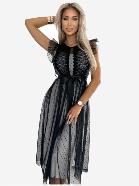 542-1 GIUSEPPINA Šaty so stuhou a čiernym tylom s bodkami