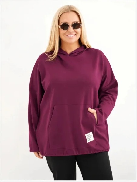 Blúza dámska Plus Size maseľko s kapucňou a klokaniou vreckom slivková