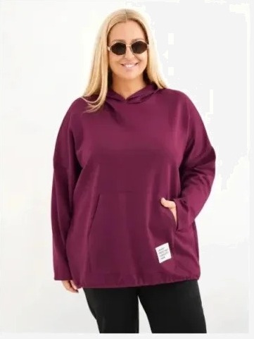 Blúza dámska Plus Size maseľko s kapucňou a klokaniou vreckom slivková