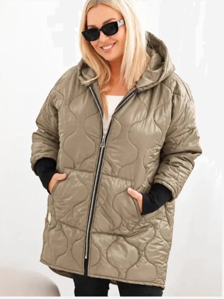Bunda dámska zimná Plus Size prešívaná s kapucňou svetlo camelová