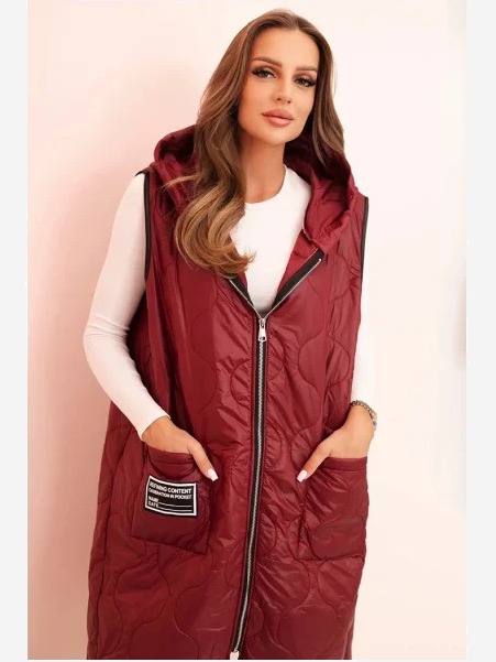 Dámska prešívaná vesta Plus Size s kapucňou na zips bordová