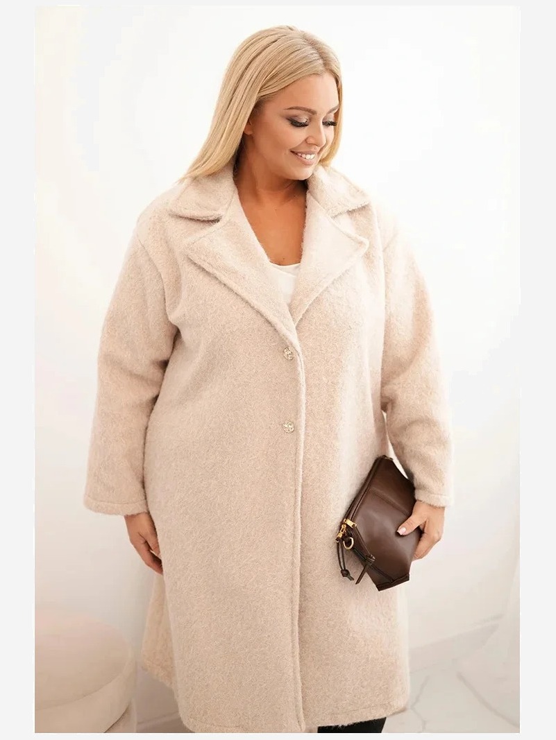 Dámsky kabát Plus Size s vlnou a veľkým golierom béžový