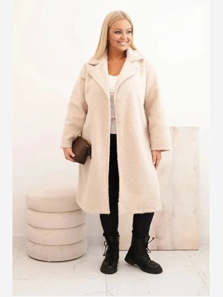 Dámsky kabát Plus Size s vlnou a veľkým golierom béžový