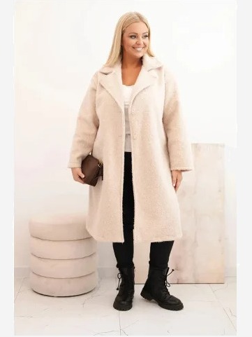 Dámsky kabát Plus Size s vlnou a veľkým golierom béžový