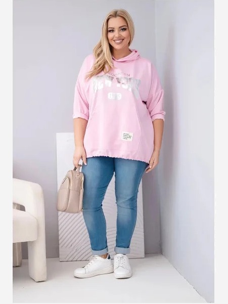 Dámska mikina plus size viskózová s kapucňou a s klokaním vreckom svetloružová