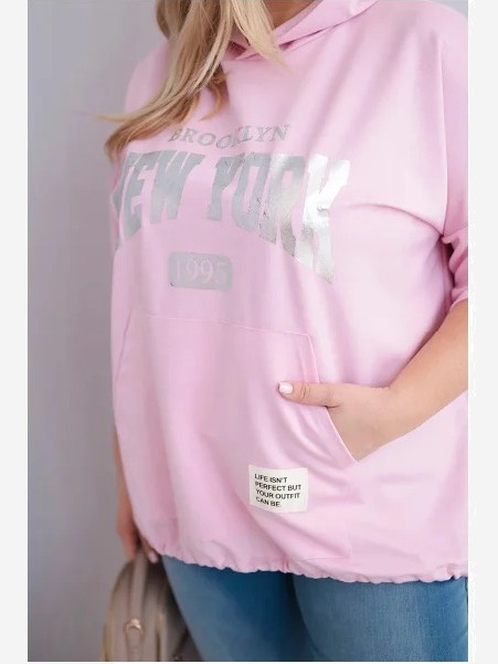 Dámska mikina plus size viskózová s kapucňou a s klokaním vreckom svetloružová