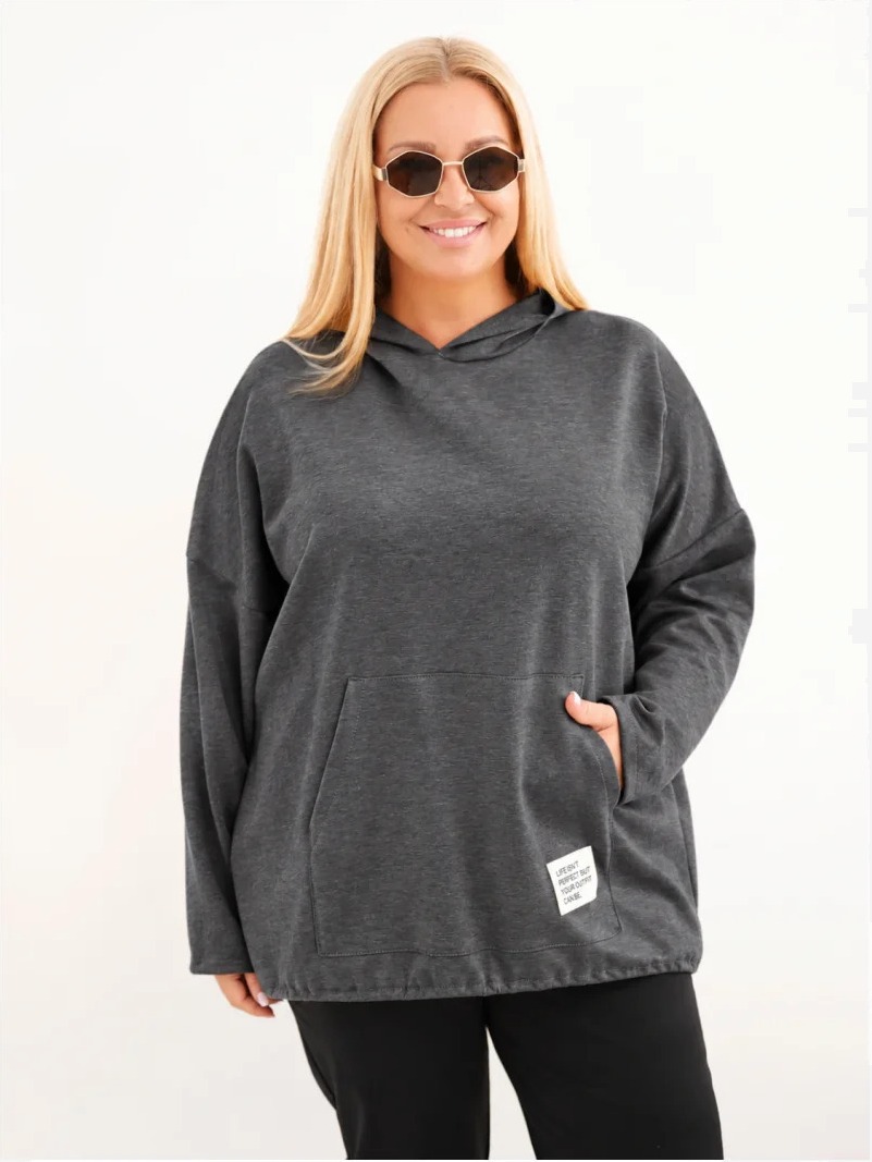 Dámska mikina Plus Size z viskózy s kapucňou a klokankovým vreckom grafitový melír
