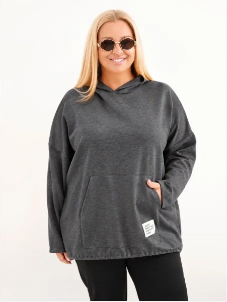 Dámska mikina Plus Size z viskózy s kapucňou a klokankovým vreckom grafitový melír