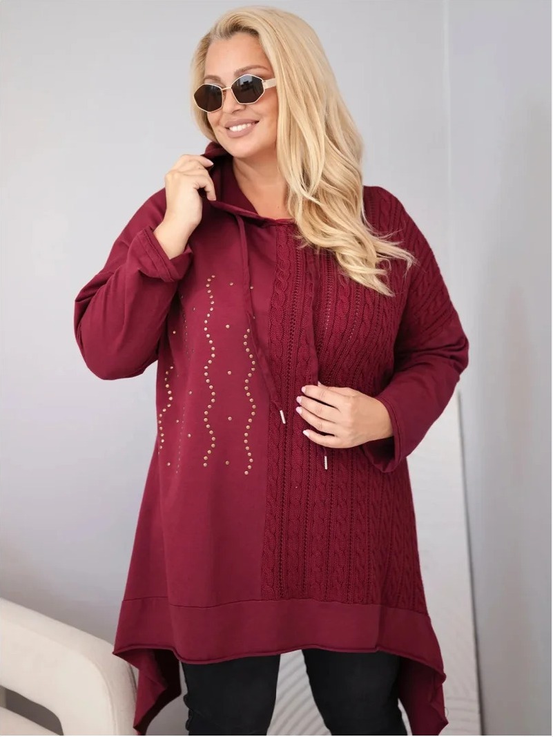 Dámska bavlnená mikina Plus Size s kapucňou a pleteným pásikom bordová