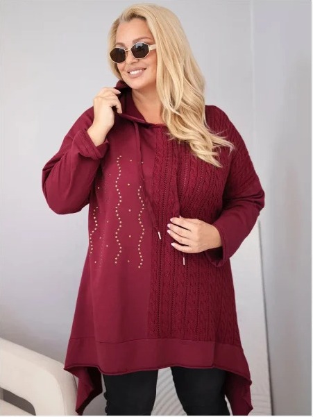 Dámska bavlnená mikina Plus Size s kapucňou a pleteným pásikom bordová
