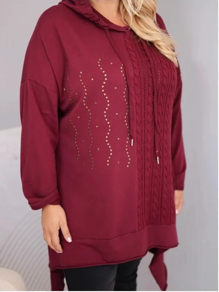 Dámska bavlnená mikina Plus Size s kapucňou a pleteným pásikom bordová