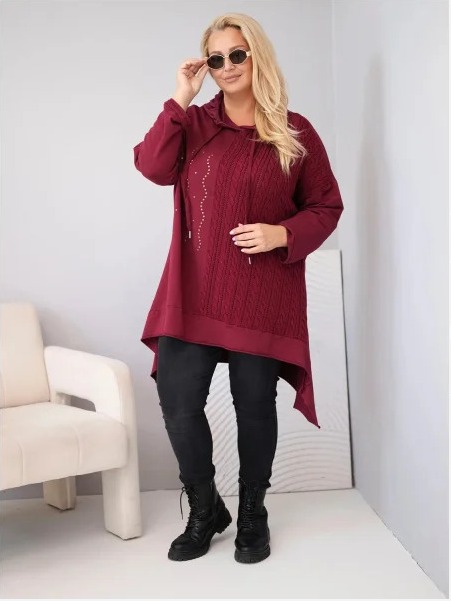 Dámska bavlnená mikina Plus Size s kapucňou a pleteným pásikom bordová