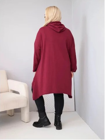 Dámska bavlnená mikina Plus Size s kapucňou a pleteným pásikom bordová