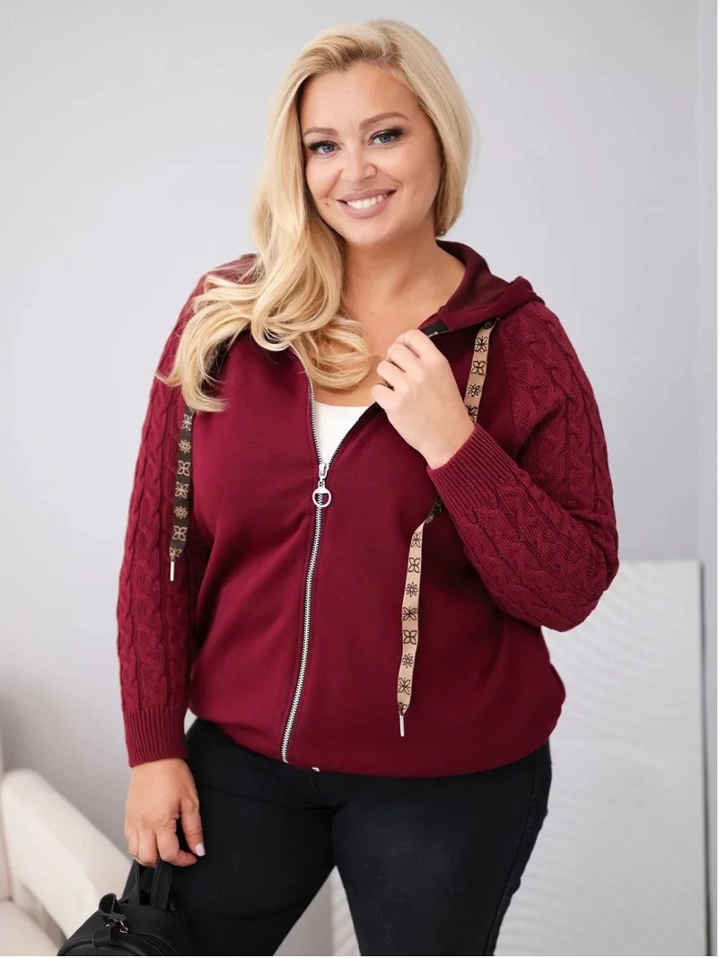 Dámska bavlnená mikina Plus Size so pletenými rukávmi a kapucňou bordová