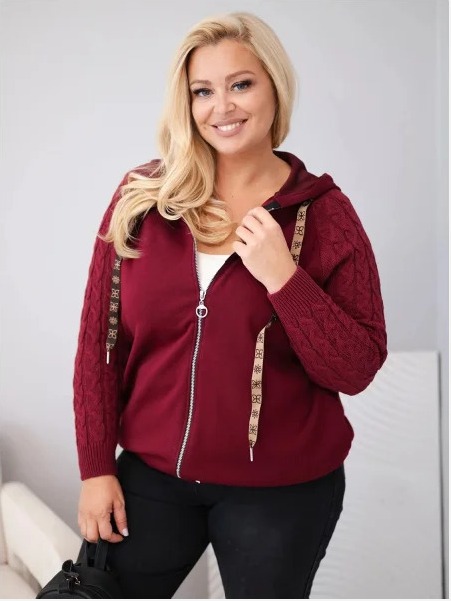 Dámska bavlnená mikina Plus Size so pletenými rukávmi a kapucňou bordová