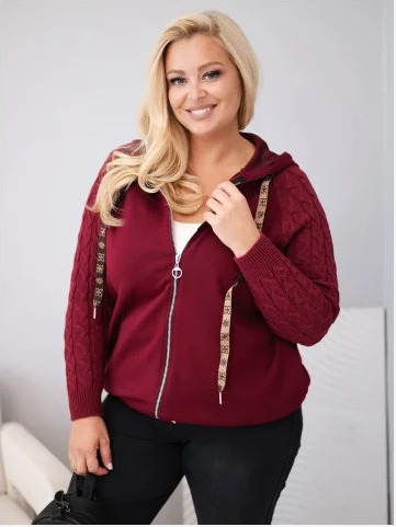 Dámska bavlnená mikina Plus Size so pletenými rukávmi a kapucňou bordová
