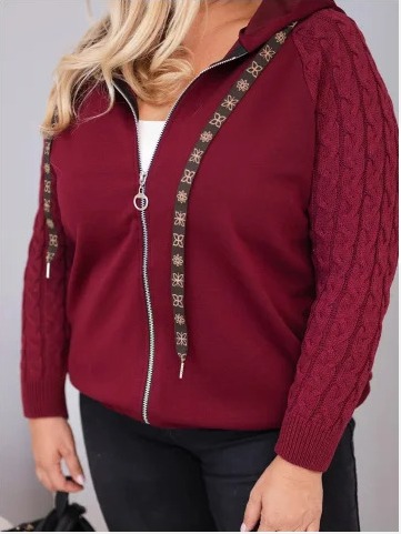 Dámska bavlnená mikina Plus Size so pletenými rukávmi a kapucňou bordová