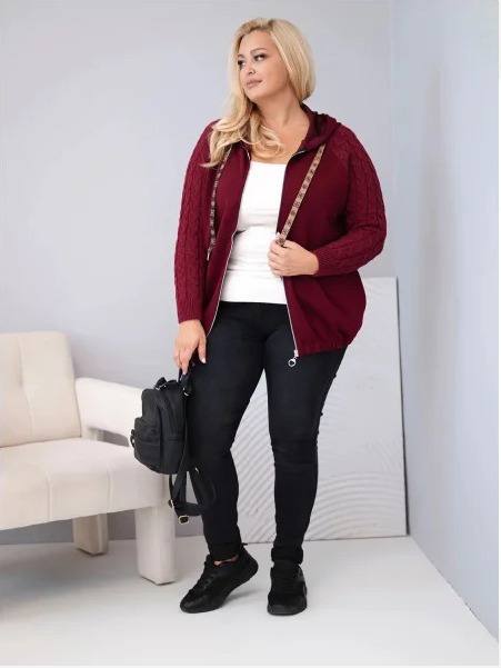 Dámska bavlnená mikina Plus Size so pletenými rukávmi a kapucňou bordová