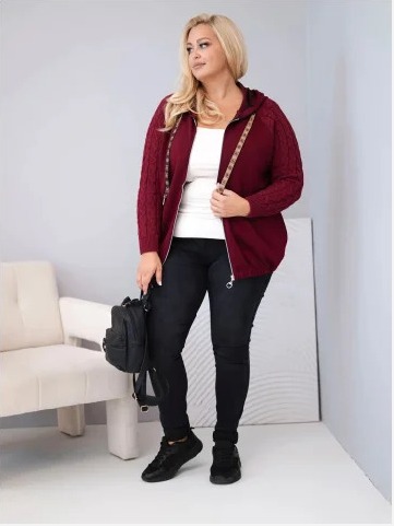 Dámska bavlnená mikina Plus Size so pletenými rukávmi a kapucňou bordová