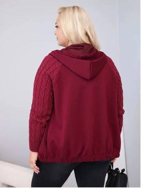 Dámska bavlnená mikina Plus Size so pletenými rukávmi a kapucňou bordová