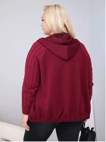 Dámska bavlnená mikina Plus Size so pletenými rukávmi a kapucňou bordová