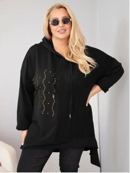Dámska bavlnená mikina Plus Size s kapucňou a pleteným detailom čierna
