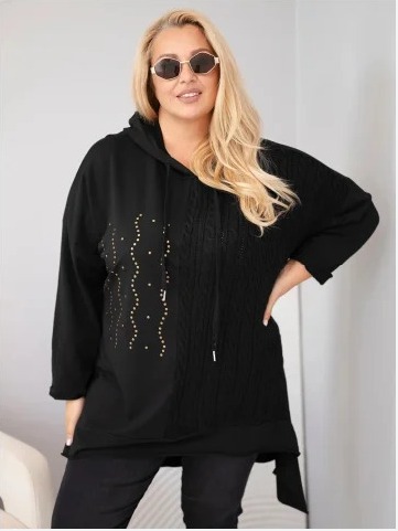 Dámska bavlnená mikina Plus Size s kapucňou a pleteným detailom čierna