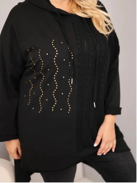 Dámska bavlnená mikina Plus Size s kapucňou a pleteným detailom čierna