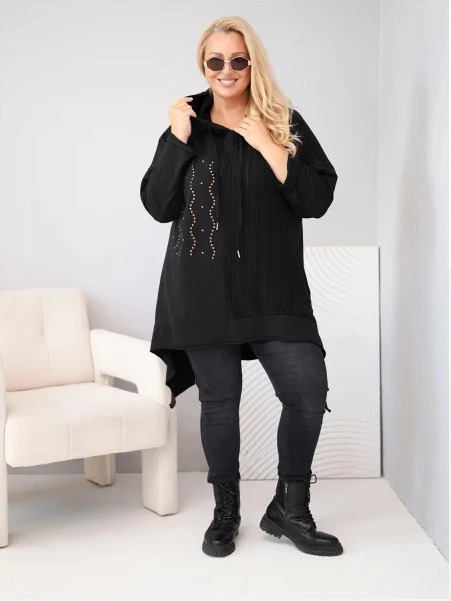 Dámska bavlnená mikina Plus Size s kapucňou a pleteným detailom čierna