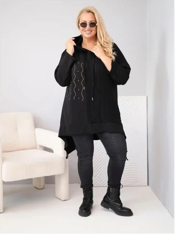 Dámska bavlnená mikina Plus Size s kapucňou a pleteným detailom čierna