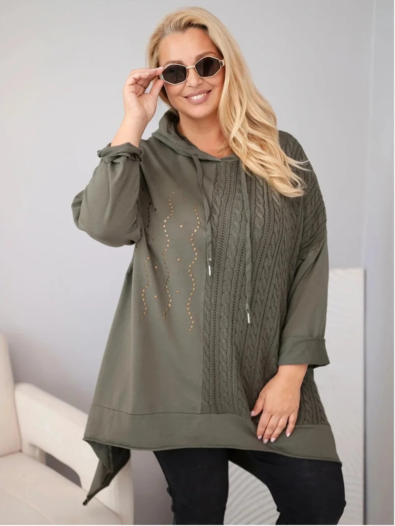 Dámska bavlnená mikina Plus Size s kapucňou a pleteným prúžkom khaki