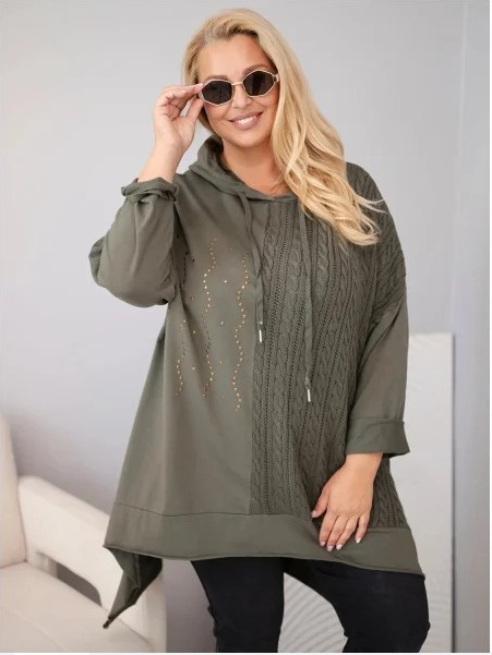 Dámska bavlnená mikina Plus Size s kapucňou a pleteným prúžkom khaki
