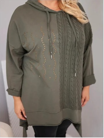 Dámska bavlnená mikina Plus Size s kapucňou a pleteným prúžkom khaki