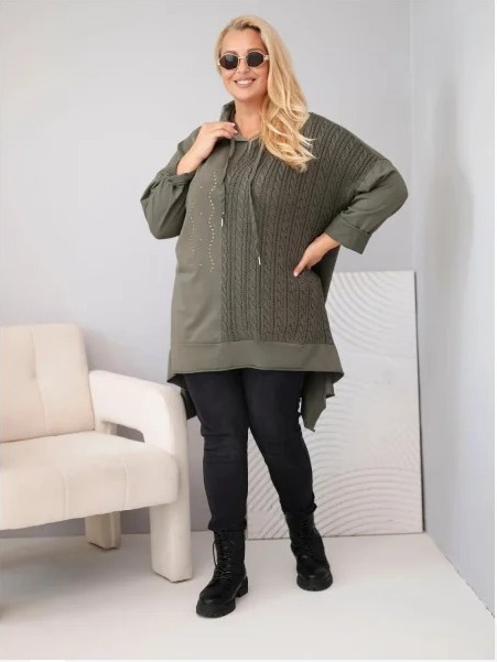 Dámska bavlnená mikina Plus Size s kapucňou a pleteným prúžkom khaki