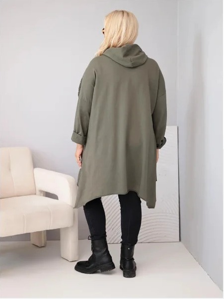 Dámska bavlnená mikina Plus Size s kapucňou a pleteným prúžkom khaki