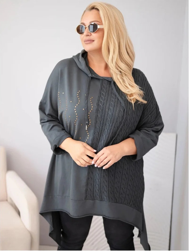 Dámska bavlnená mikina Plus Size s kapucňou a pleteným pásikom grafitová