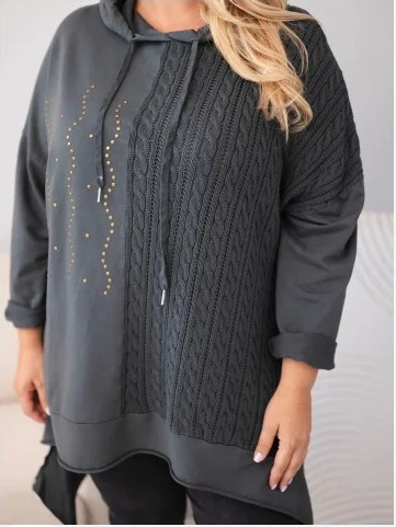 Dámska bavlnená mikina Plus Size s kapucňou a pleteným pásikom grafitová