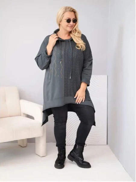 Dámska bavlnená mikina Plus Size s kapucňou a pleteným pásikom grafitová