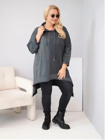 Dámska bavlnená mikina Plus Size s kapucňou a pleteným pásikom grafitová