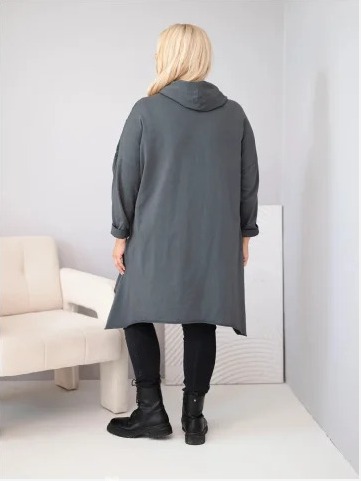 Dámska bavlnená mikina Plus Size s kapucňou a pleteným pásikom grafitová