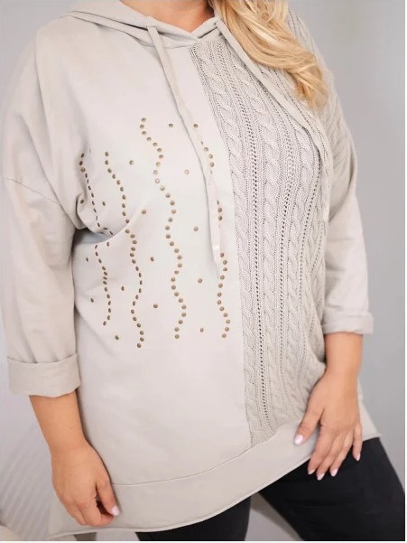 Dámska bavlnená mikina Plus Size s kapucňou a pleteným detailom fango zelená