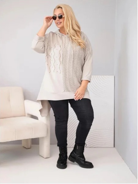 Dámska bavlnená mikina Plus Size s kapucňou a pleteným detailom fango zelená