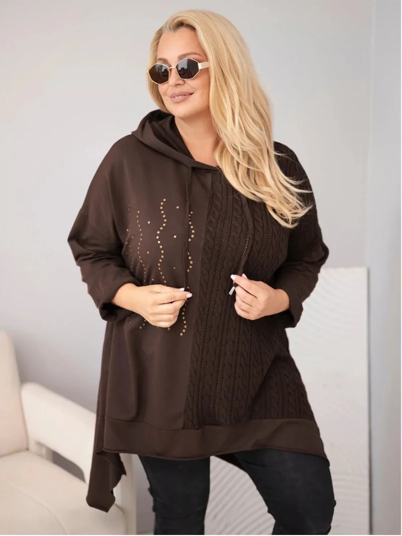 Dámska bavlnená mikina Plus Size s kapucňou a pleteným prvkom hnedá