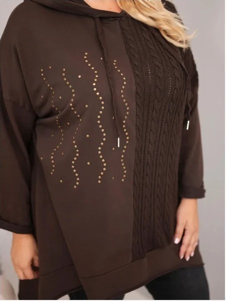 Dámska bavlnená mikina Plus Size s kapucňou a pleteným prvkom hnedá