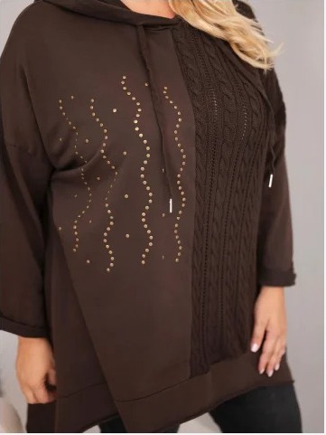 Dámska bavlnená mikina Plus Size s kapucňou a pleteným prvkom hnedá