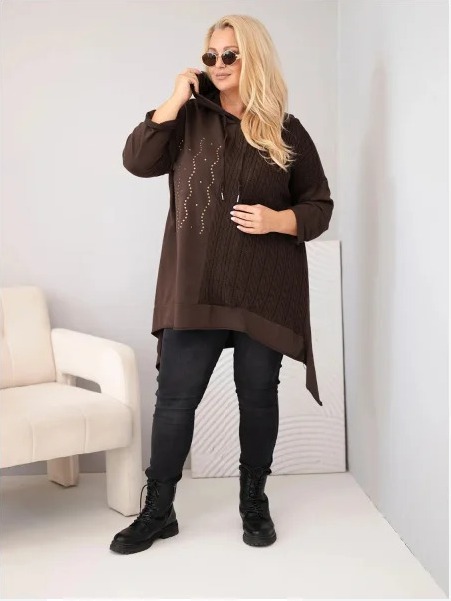 Dámska bavlnená mikina Plus Size s kapucňou a pleteným prvkom hnedá