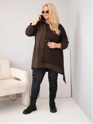 Dámska bavlnená mikina Plus Size s kapucňou a pleteným prvkom hnedá